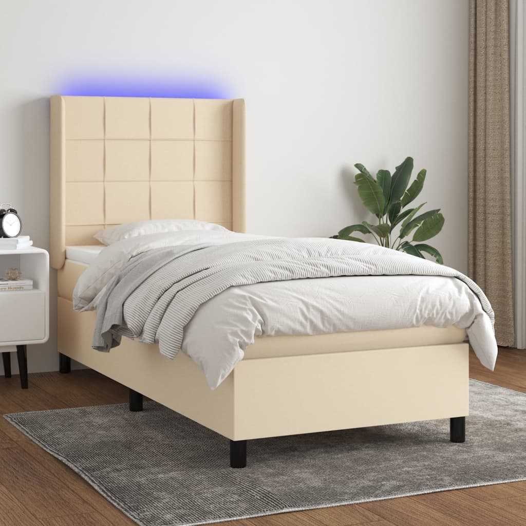 Κρεβάτι Boxspring με Στρώμα & LED Κρεμ 90x190 εκ. Υφασμάτινο