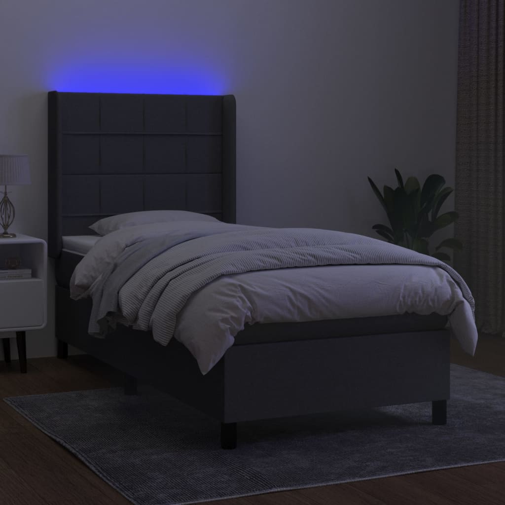 Κρεβάτι Boxspring με Στρώμα & LED Σκ.Γκρι 90x200 εκ. Υφασμάτινο
