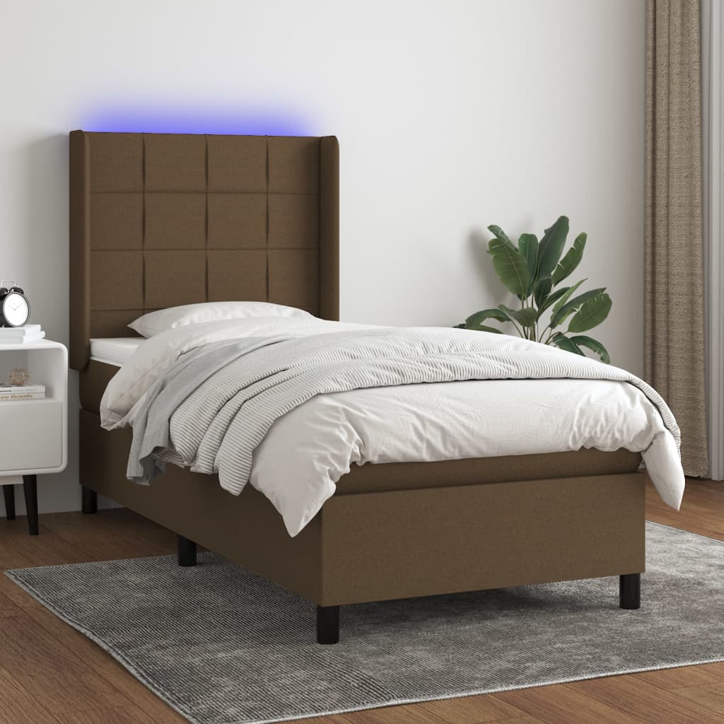 Κρεβάτι Boxspring με Στρώμα & LED Σκ.Καφέ 90x200 εκ. Υφασμάτινο