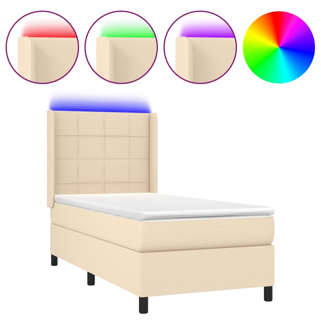 Κρεβάτι Boxspring με Στρώμα & LED Κρεμ 90x200 εκ. Υφασμάτινο