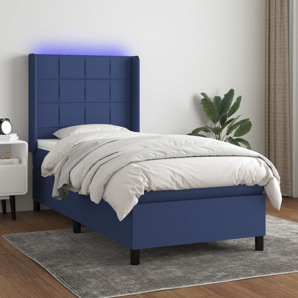 Κρεβάτι Boxspring με Στρώμα & LED Μπλε 100x200 εκ. Υφασμάτινο