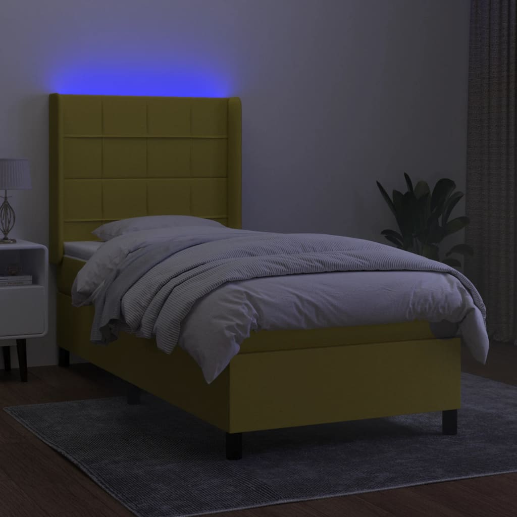 Κρεβάτι Boxspring με Στρώμα & LED Πράσινο 100x200 εκ Υφασμάτινο
