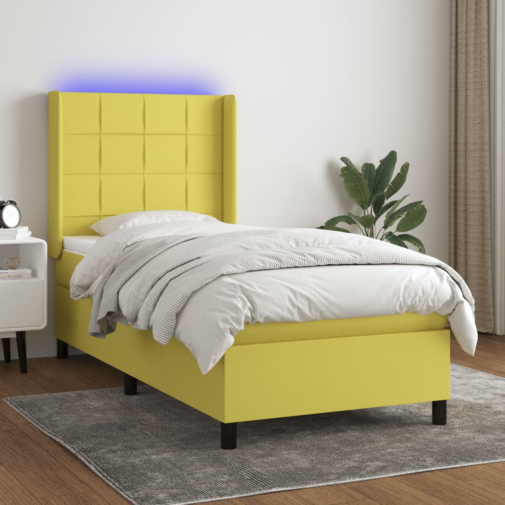 Κρεβάτι Boxspring με Στρώμα & LED Πράσινο 100x200 εκ Υφασμάτινο