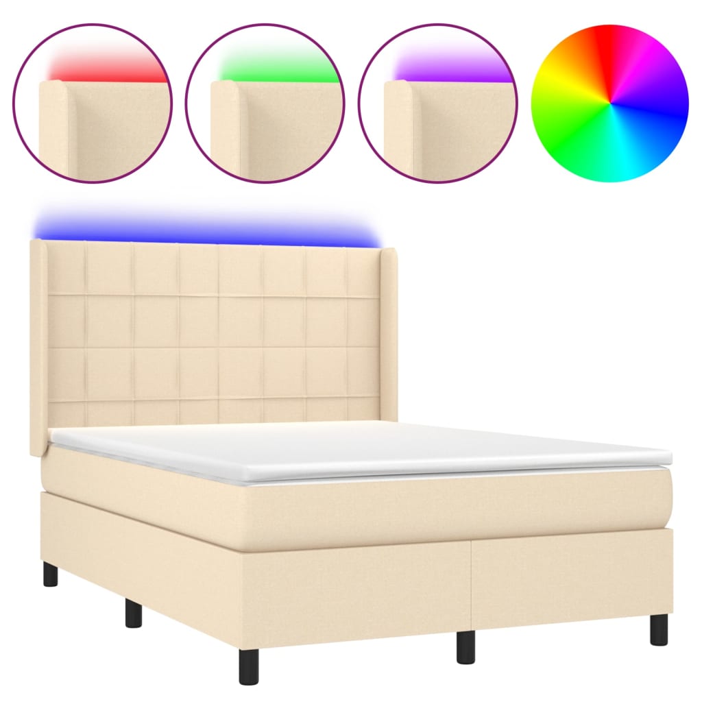 Κρεβάτι Boxspring με Στρώμα & LED Κρεμ 140x190 εκ. Υφασμάτινο - Pakobazaar