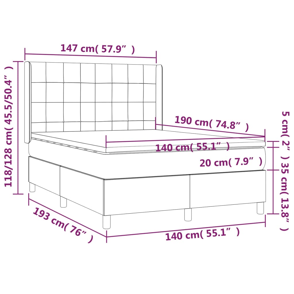 Κρεβάτι Boxspring με Στρώμα & LED Κρεμ 140x190 εκ. Υφασμάτινο - Pakobazaar