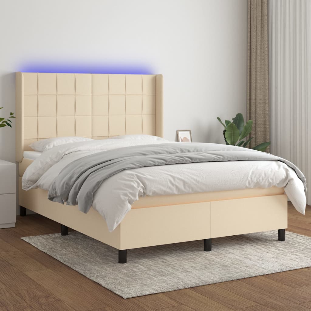Κρεβάτι Boxspring με Στρώμα & LED Κρεμ 140x190 εκ. Υφασμάτινο - Pakobazaar
