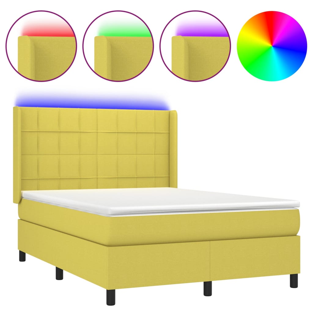 Κρεβάτι Boxspring με Στρώμα & LED Πράσινο 140x190 εκ Υφασμάτινο