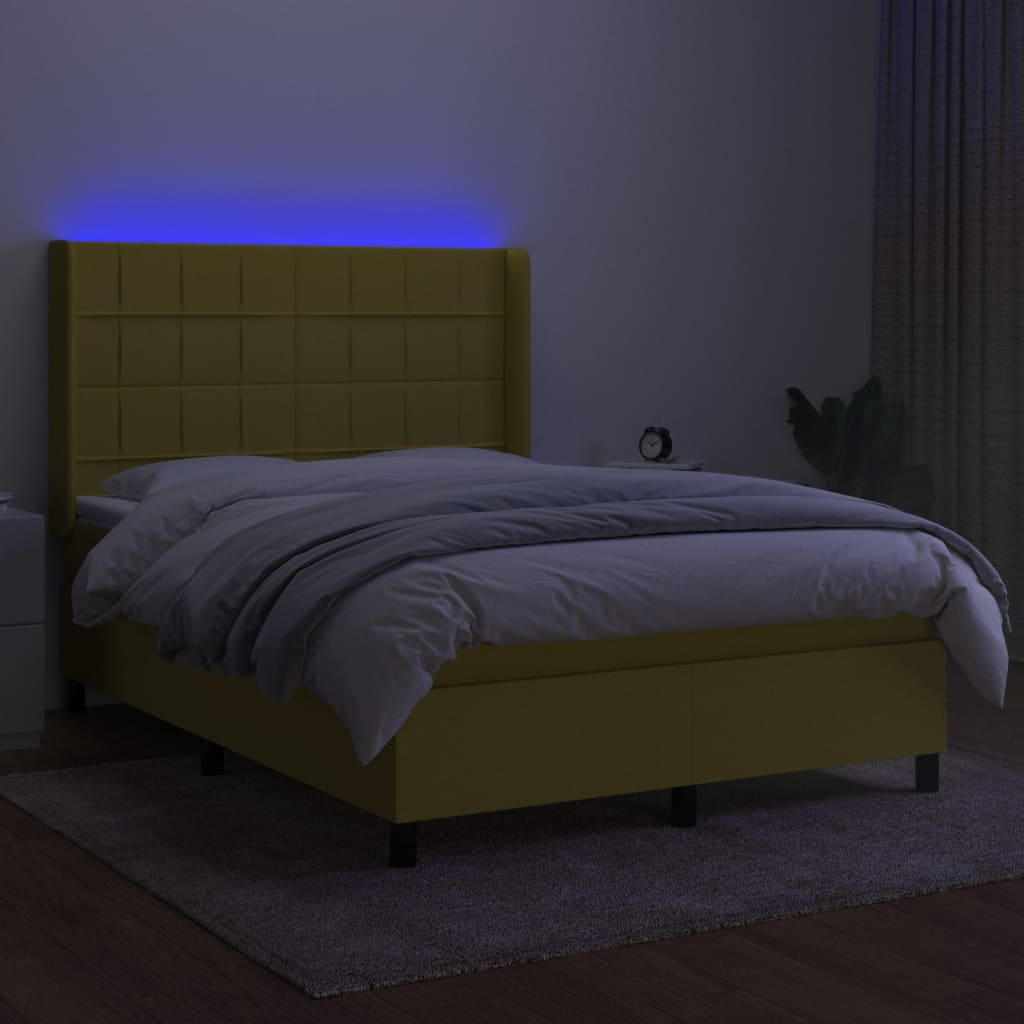 Κρεβάτι Boxspring με Στρώμα & LED Πράσινο 140x190 εκ Υφασμάτινο