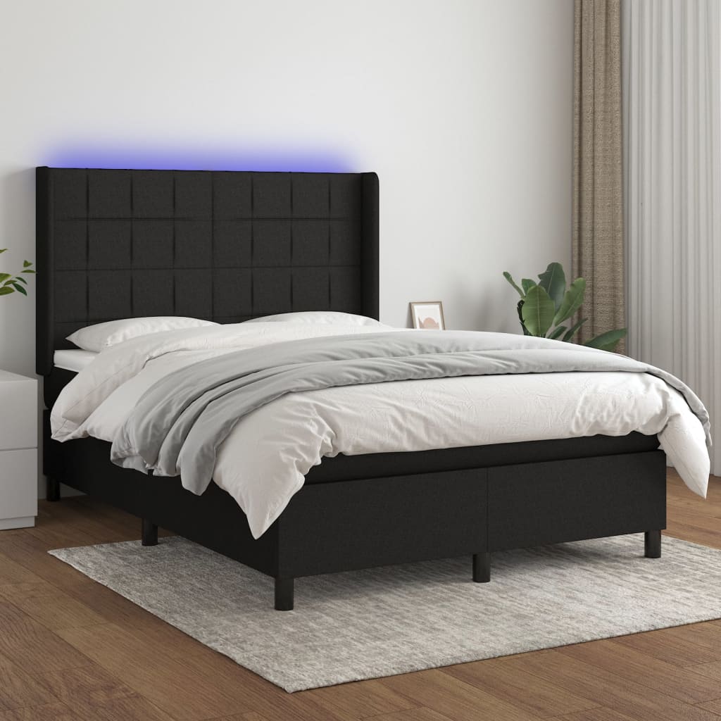 Κρεβάτι Boxspring με Στρώμα & LED Μαύρο 140x200 εκ. Υφασμάτινο