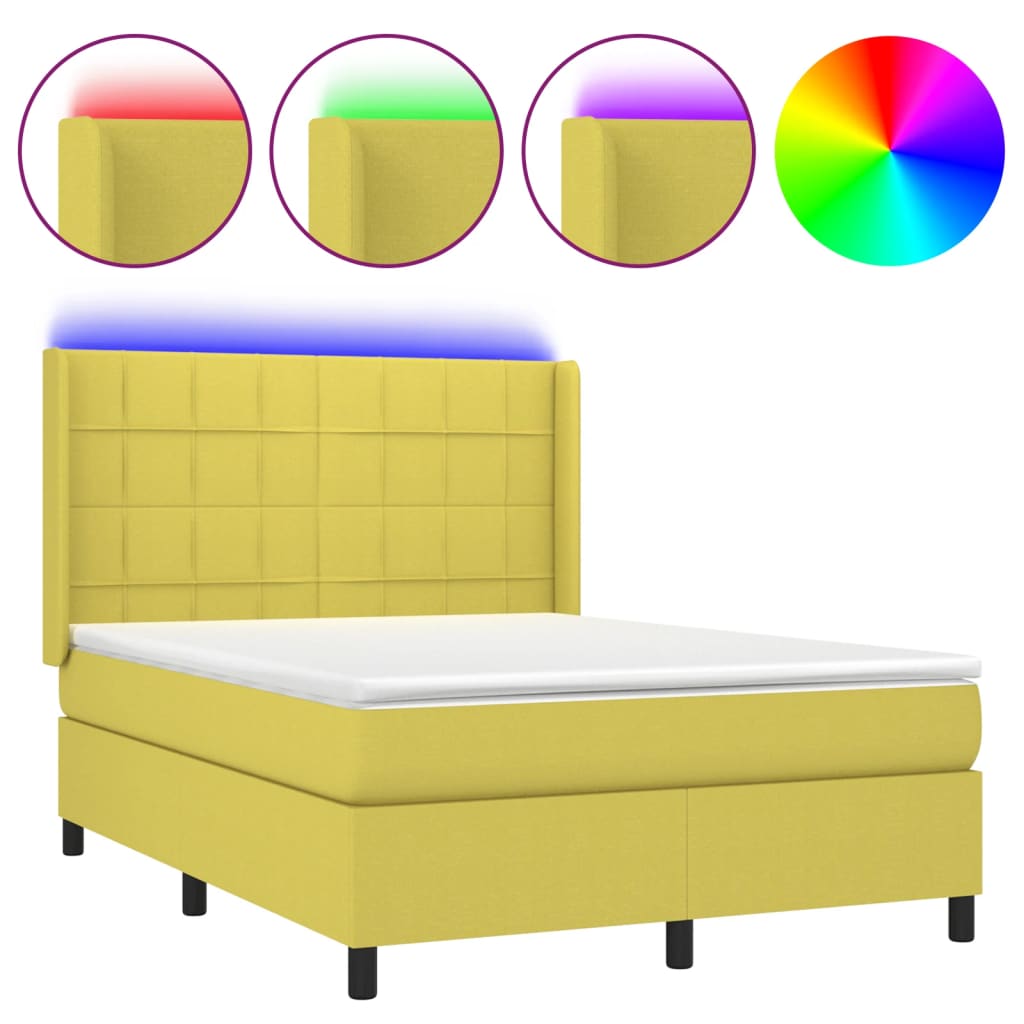 Κρεβάτι Boxspring με Στρώμα & LED Πράσινο 140x200 εκ Υφασμάτινο - Pakobazaar
