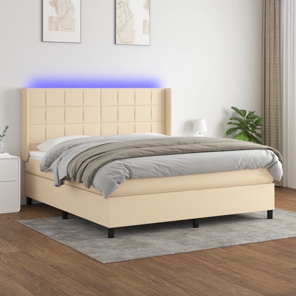 Κρεβάτι Boxspring με Στρώμα & LED Κρεμ 180x200 εκ. Υφασμάτινο