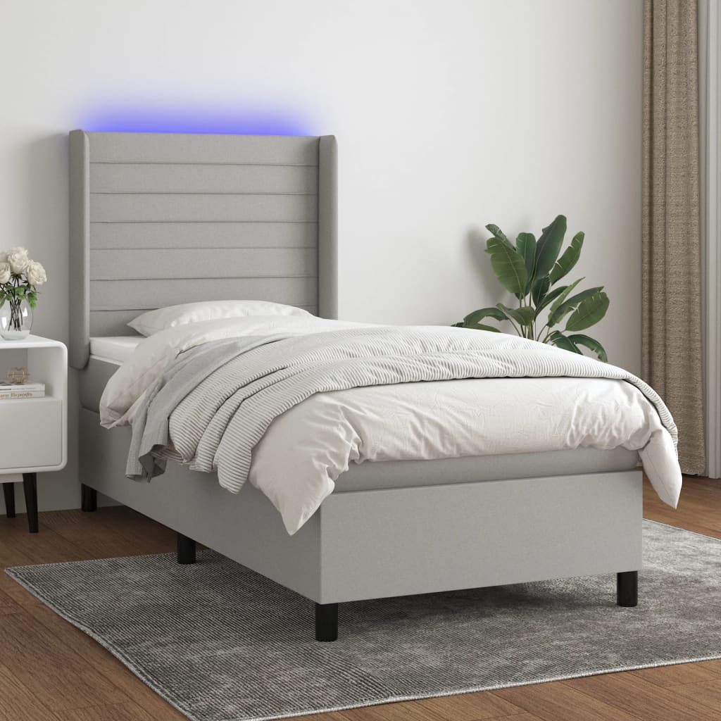 Κρεβάτι Boxspring με Στρώμα & LED Αν.Γκρι 90x190 εκ. Υφασμάτινο