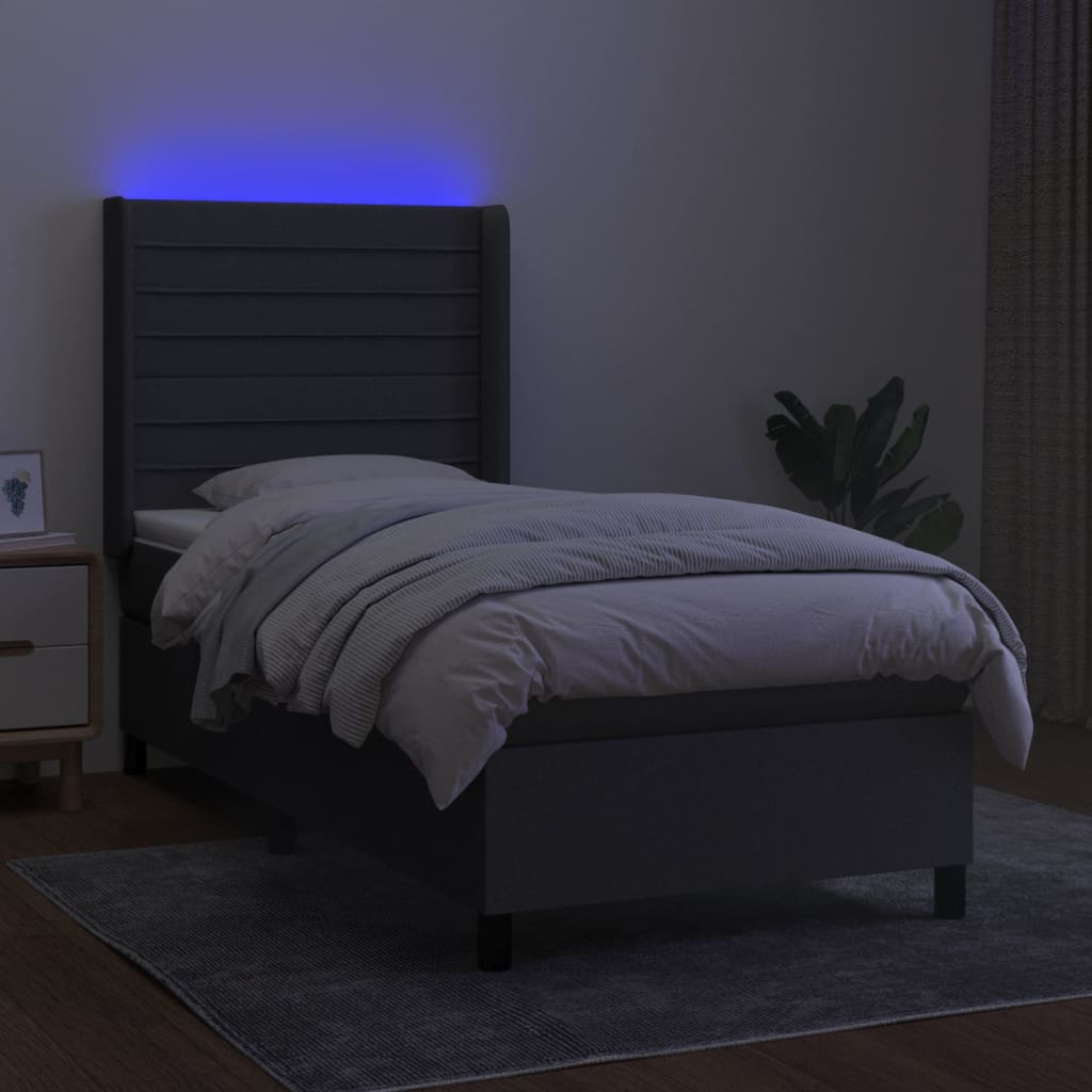 Κρεβάτι Boxspring με Στρώμα & LED Σκ.Γκρι 90x190 εκ. Υφασμάτινο