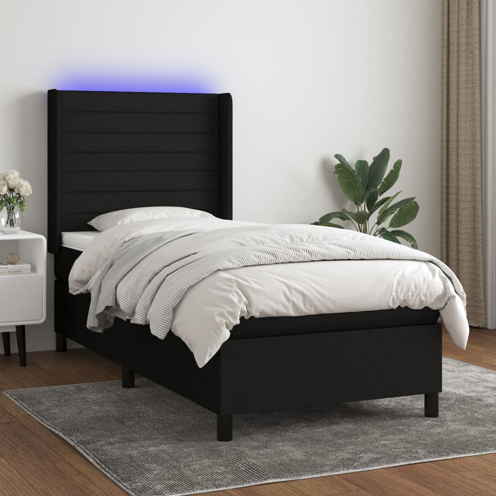 Κρεβάτι Boxspring με Στρώμα & LED Μαύρο 90x190 εκ. Υφασμάτινο - Pakobazaar