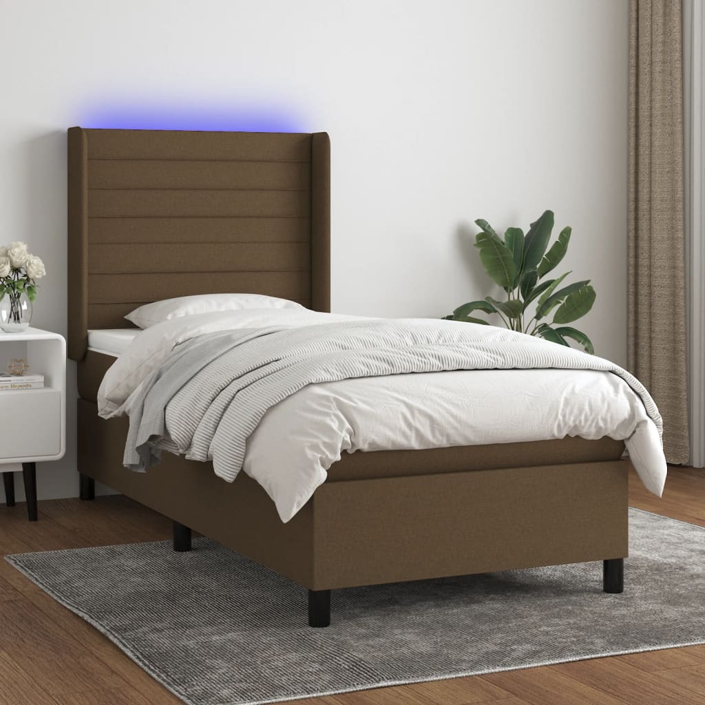 Κρεβάτι Boxspring με Στρώμα & LED Σκ.Καφέ 90x190 εκ. Υφασμάτινο