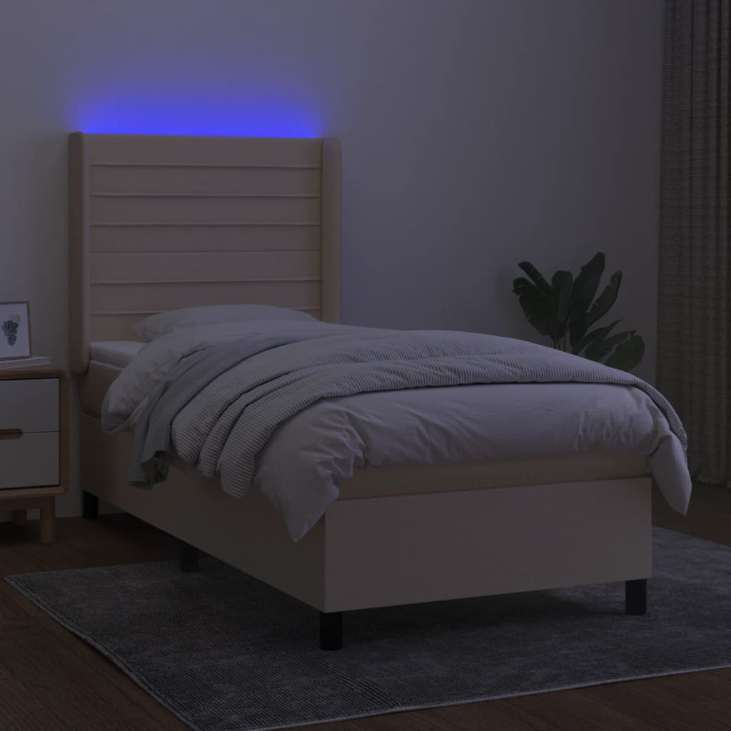 Κρεβάτι Boxspring με Στρώμα & LED Κρεμ 90x190 εκ. Υφασμάτινο