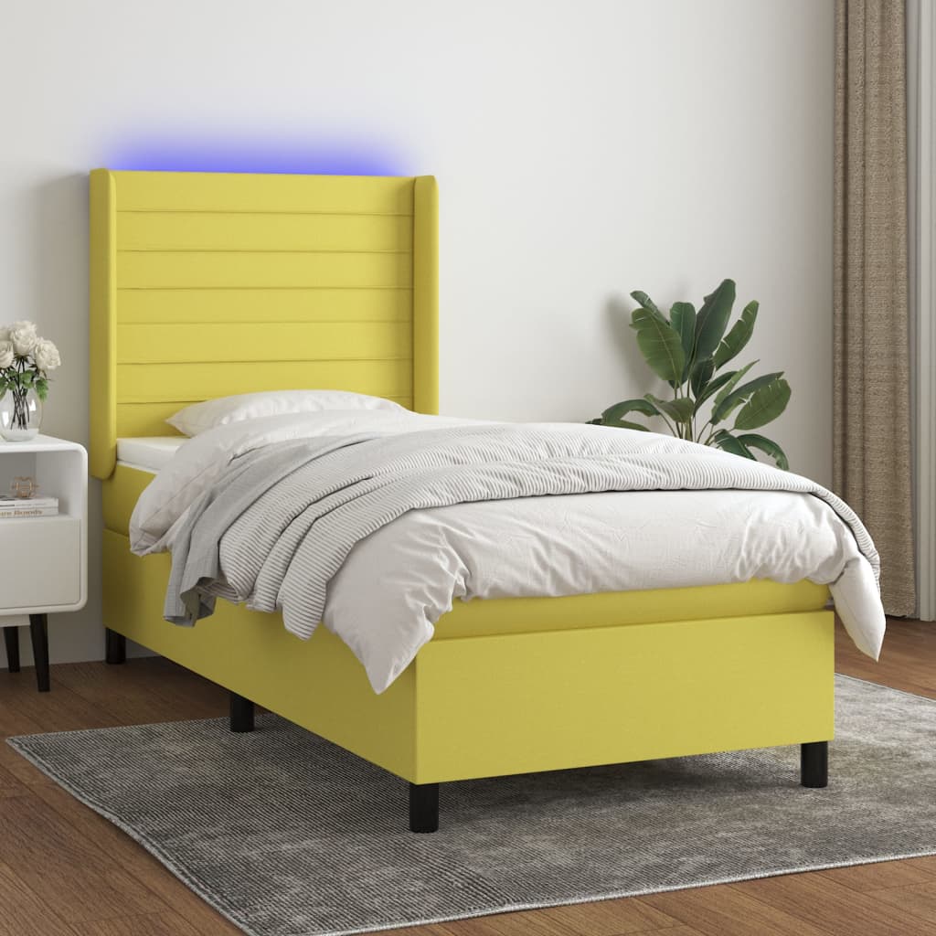 Κρεβάτι Boxspring με Στρώμα & LED Πράσινο 90x190 εκ. Υφασμάτινο