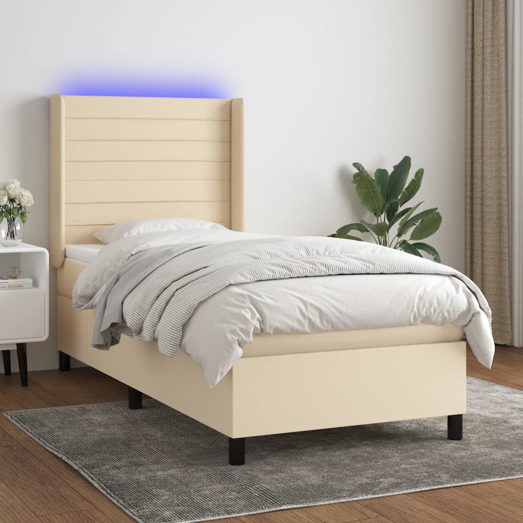 Κρεβάτι Boxspring με Στρώμα & LED Κρεμ 90x200 εκ. Υφασμάτινο