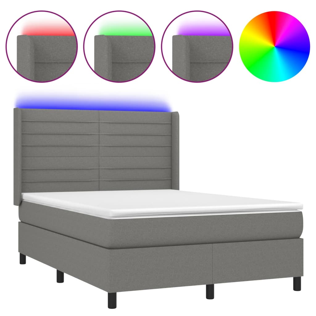 Κρεβάτι Boxspring με Στρώμα & LED Σκ.Γκρι 140x190εκ. Υφασμάτινο