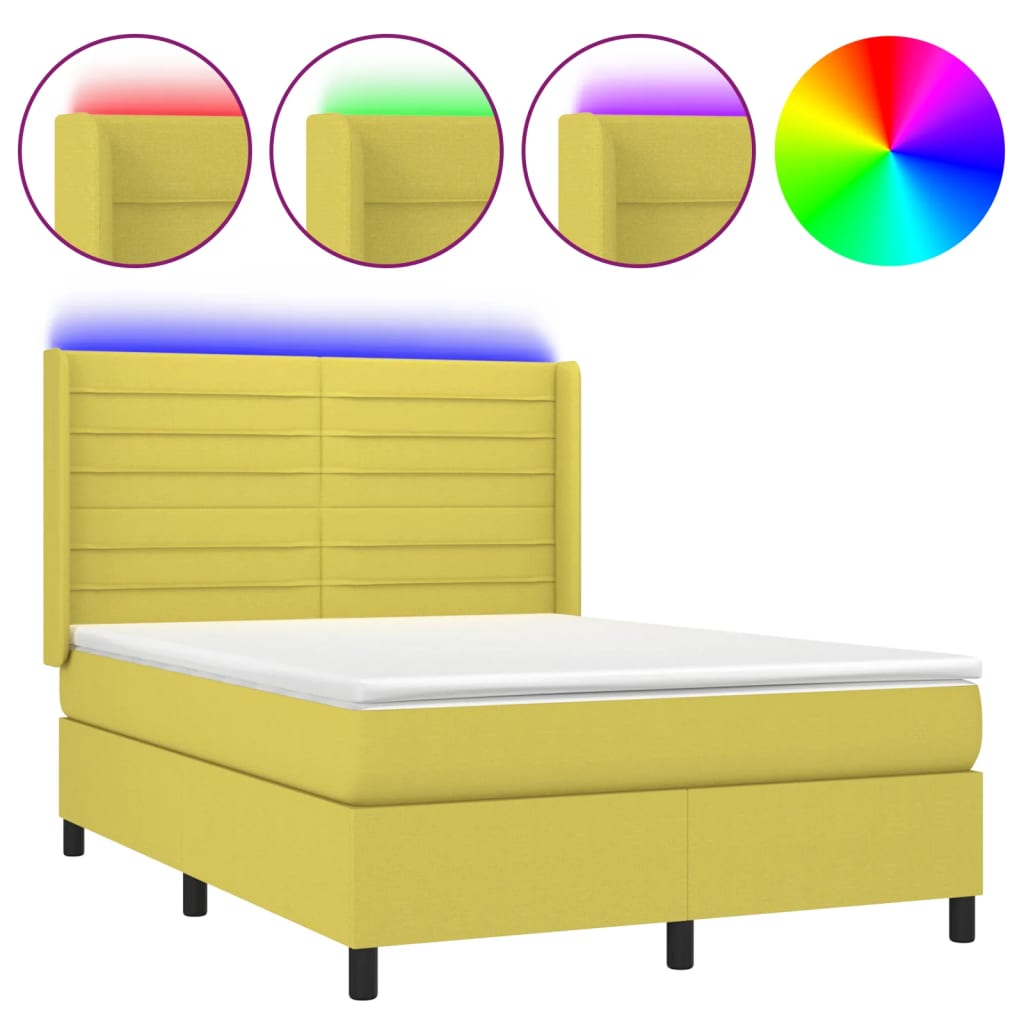 Κρεβάτι Boxspring με Στρώμα & LED Πράσινο 140x190 εκ Υφασμάτινο