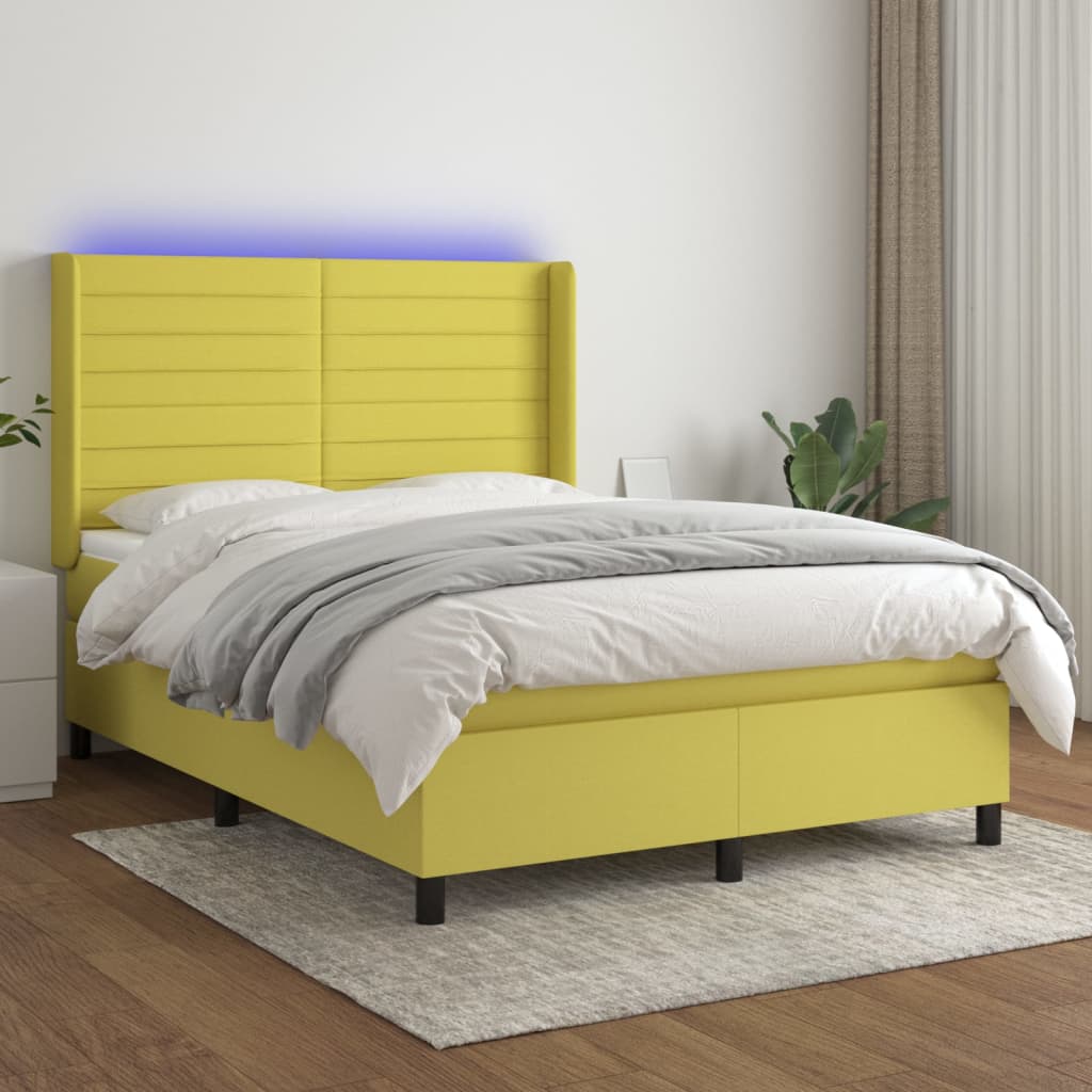 Κρεβάτι Boxspring με Στρώμα & LED Πράσινο 140x190 εκ Υφασμάτινο