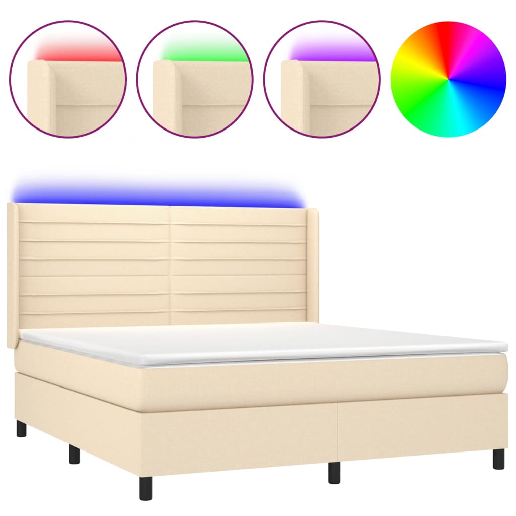 Κρεβάτι Boxspring με Στρώμα & LED Κρεμ 180x200 εκ. Υφασμάτινο