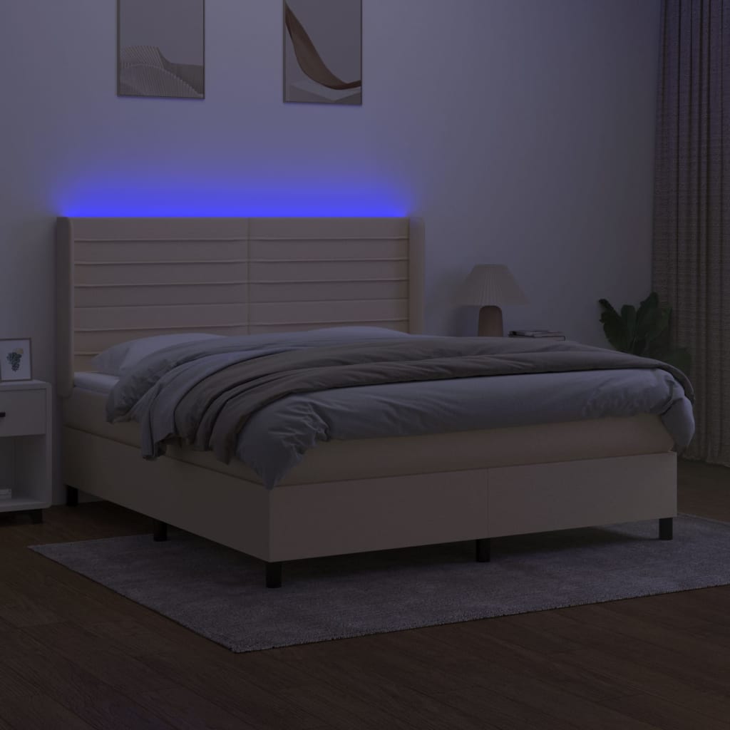 Κρεβάτι Boxspring με Στρώμα & LED Κρεμ 180x200 εκ. Υφασμάτινο