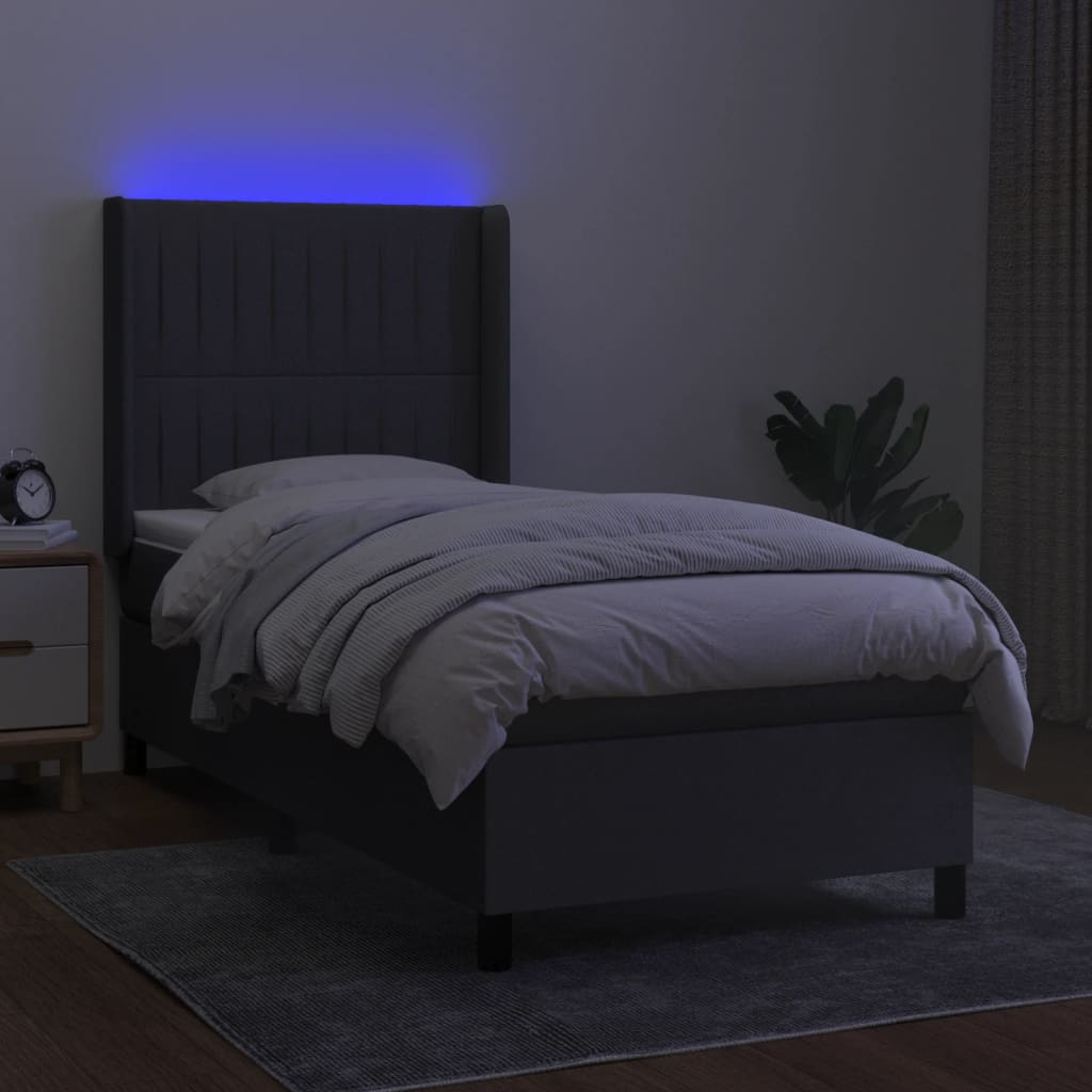Κρεβάτι Boxspring με Στρώμα & LED Σκ.Γκρι 90x190 εκ. Υφασμάτινο