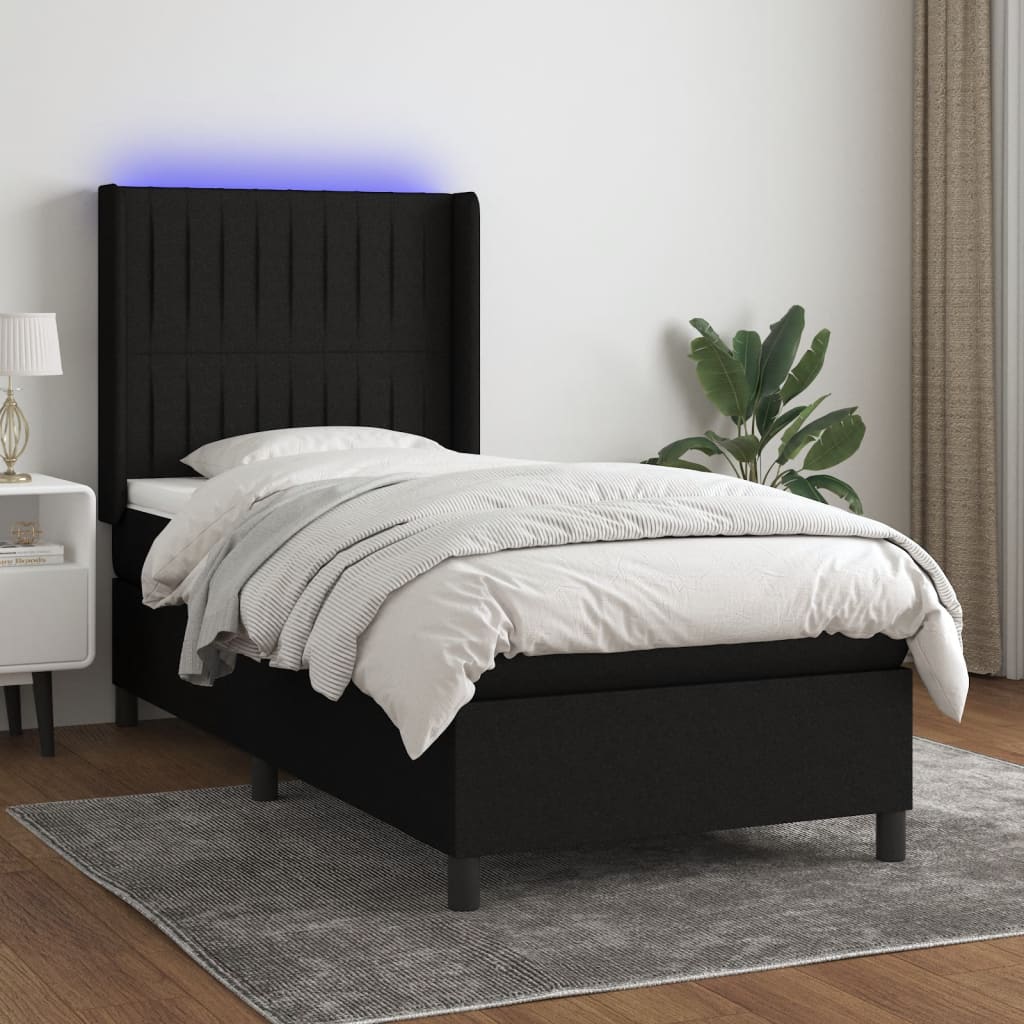 Κρεβάτι Boxspring με Στρώμα & LED Μαύρο 90x190 εκ. Υφασμάτινο - Pakobazaar