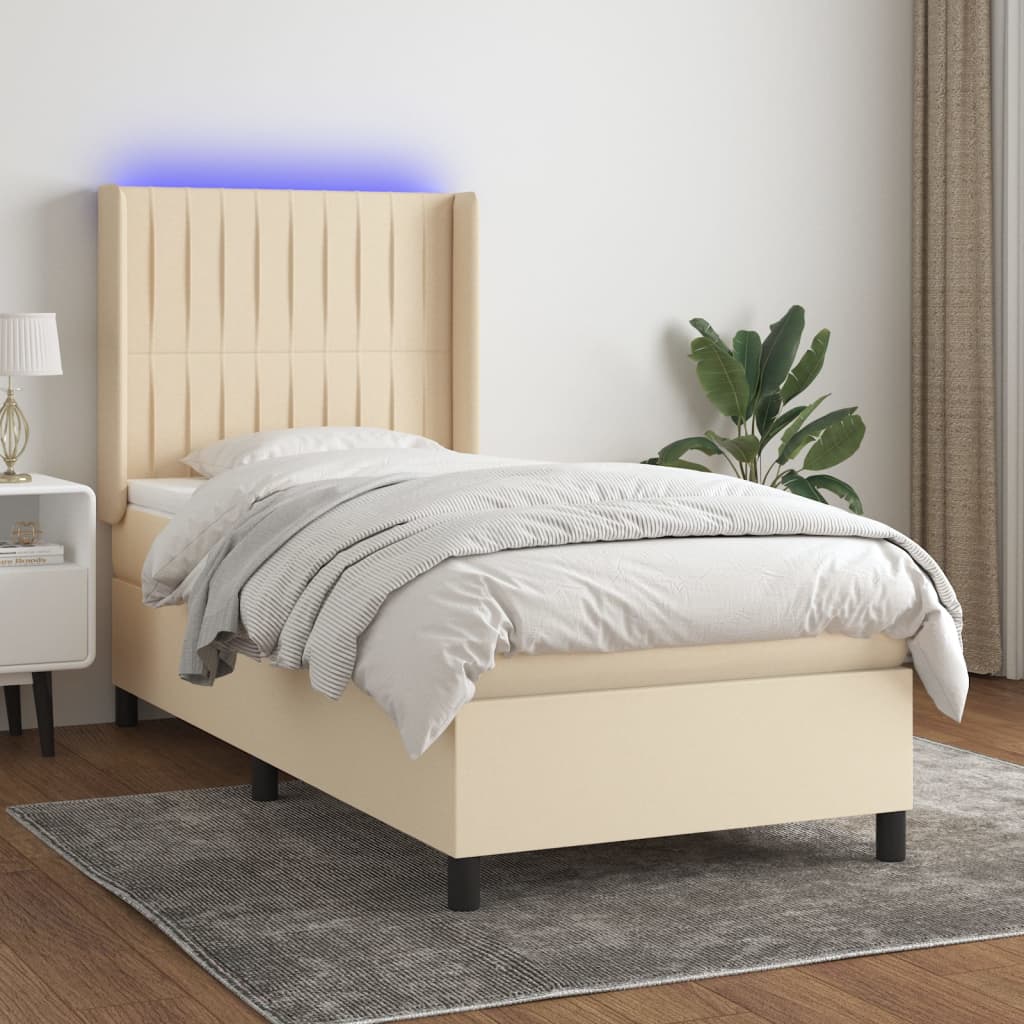 Κρεβάτι Boxspring με Στρώμα & LED Κρεμ 90x190 εκ. Υφασμάτινο