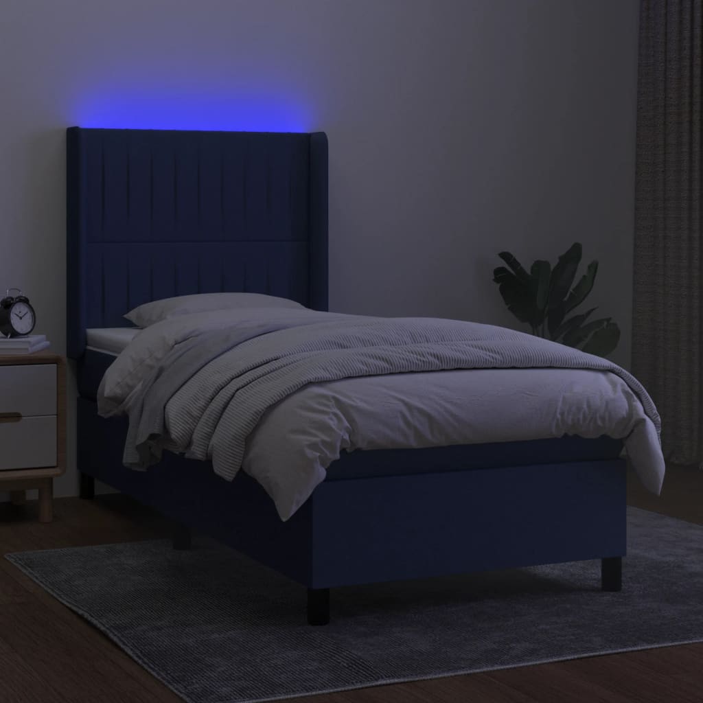 Κρεβάτι Boxspring με Στρώμα & LED Μπλε 90x190 εκ. Υφασμάτινο