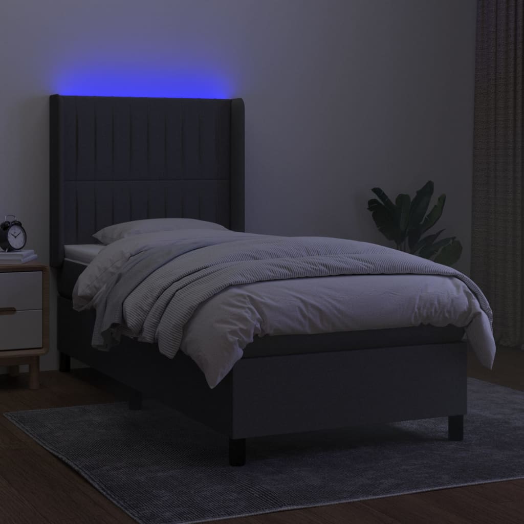 Κρεβάτι Boxspring με Στρώμα & LED Σκ.Γκρι 90x200 εκ. Υφασμάτινο