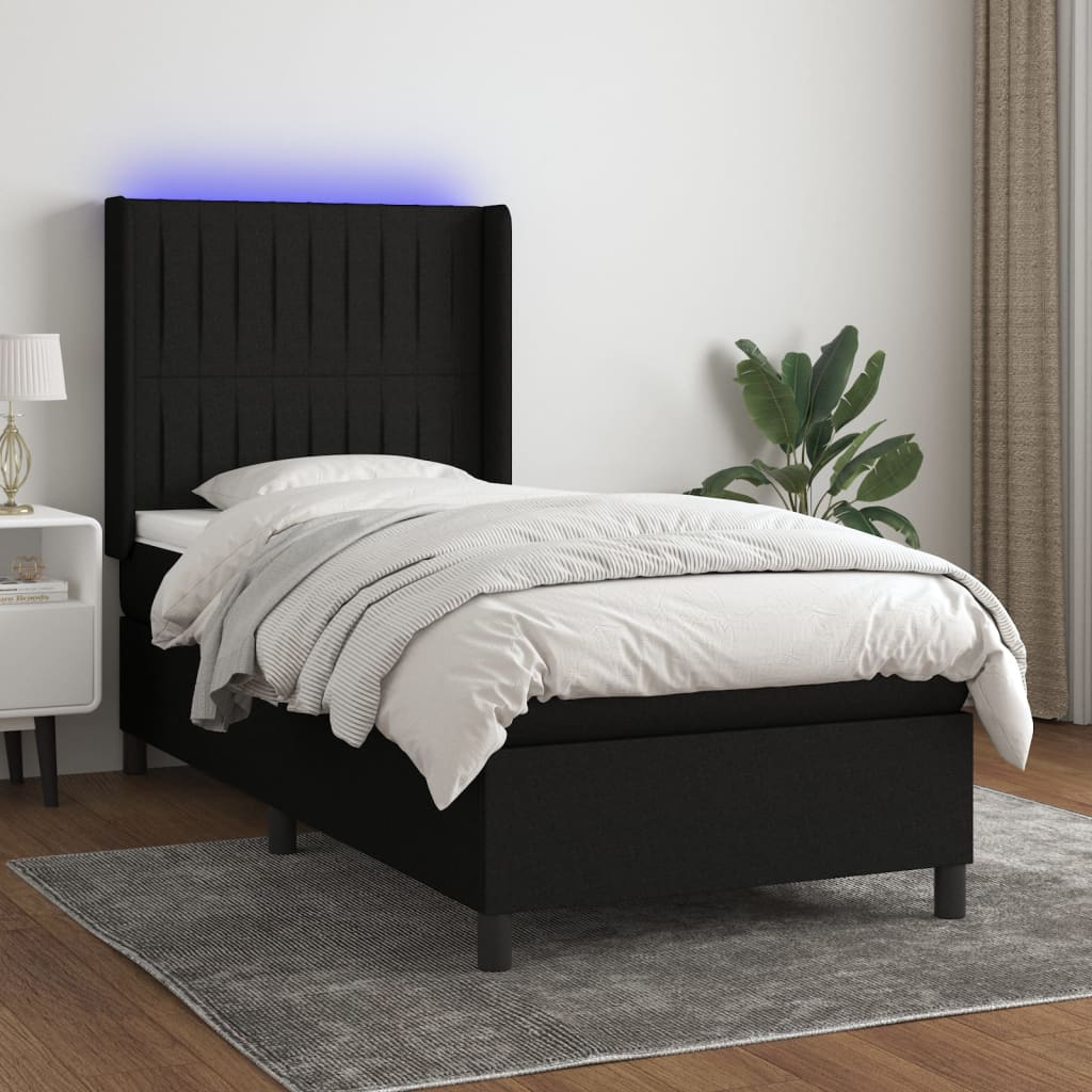 Κρεβάτι Boxspring με Στρώμα & LED Μαύρο 90x200 εκ. Υφασμάτινο