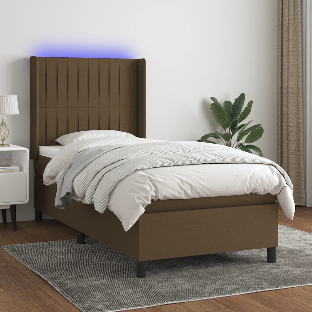 Κρεβάτι Boxspring με Στρώμα & LED Σκ.Καφέ 90x200 εκ. Υφασμάτινο