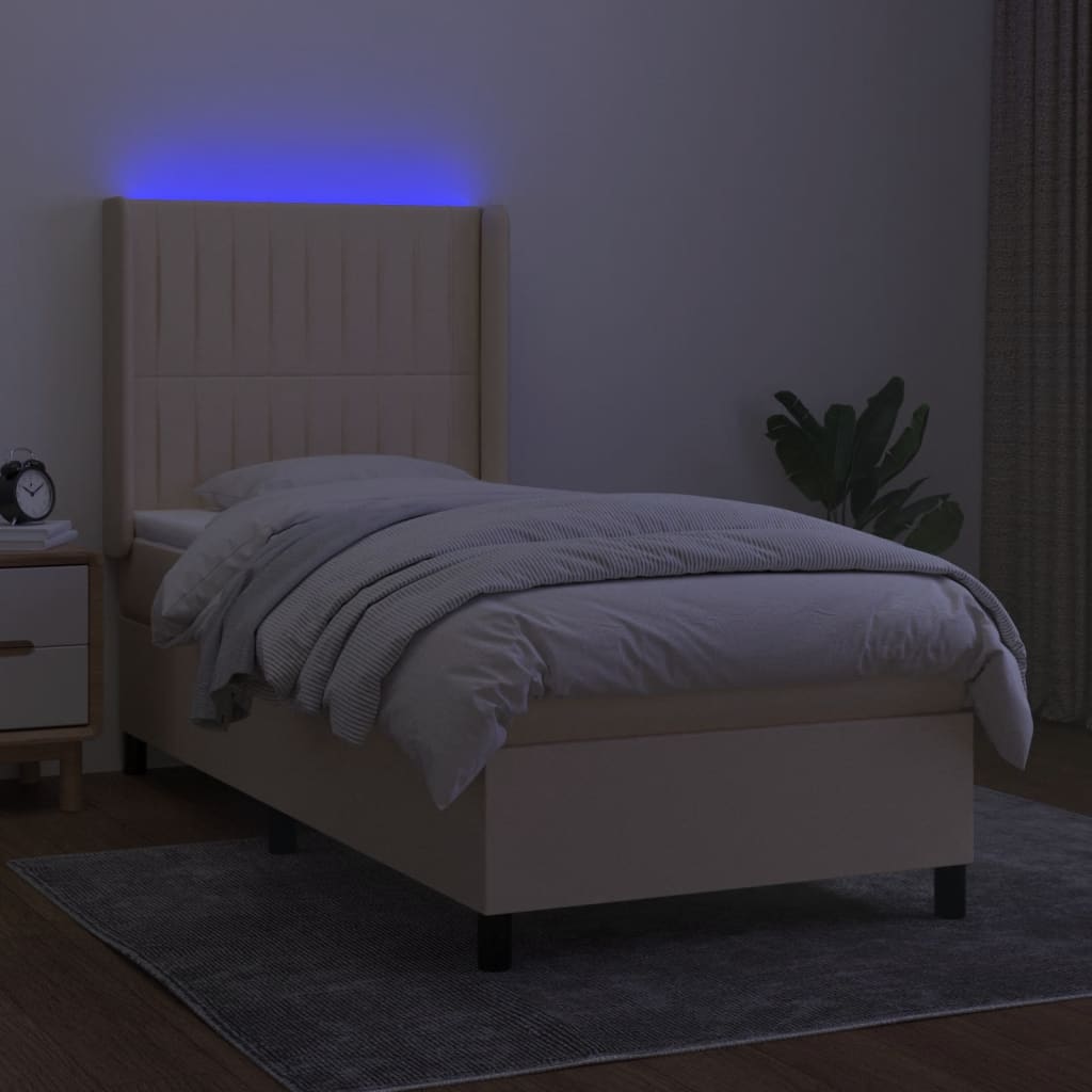 Κρεβάτι Boxspring με Στρώμα & LED Κρεμ 90x200 εκ. Υφασμάτινο