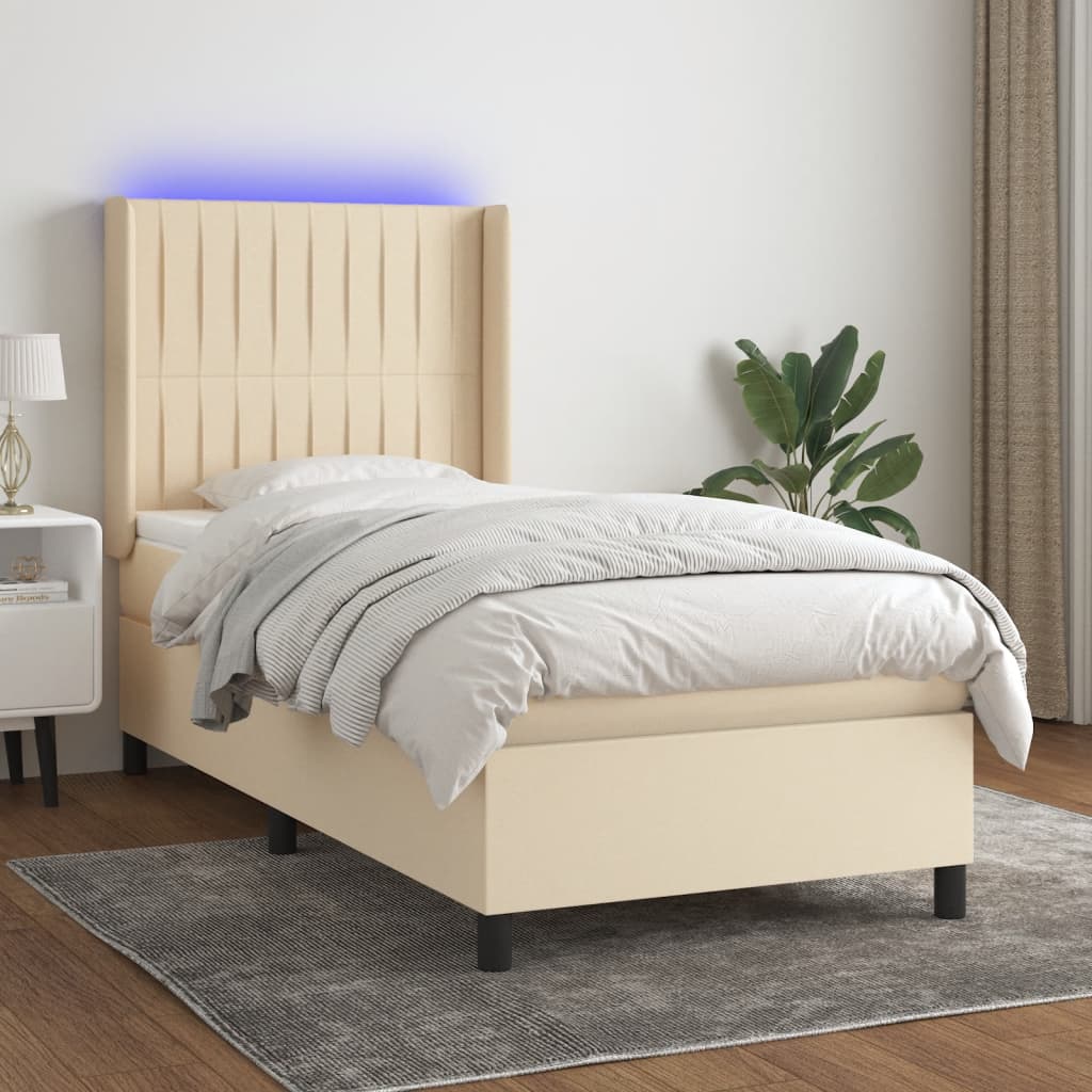 Κρεβάτι Boxspring με Στρώμα & LED Κρεμ 90x200 εκ. Υφασμάτινο