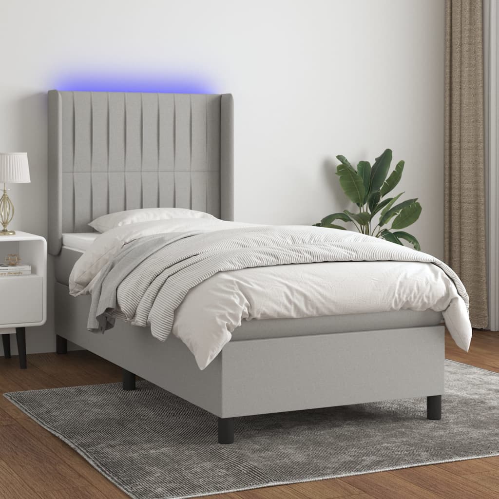 Κρεβάτι Boxspring με Στρώμα & LED Αν.Γκρι 100x200εκ. Υφασμάτινο