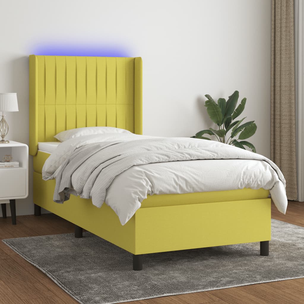 Κρεβάτι Boxspring με Στρώμα & LED Πράσινο 100x200 εκ Υφασμάτινο