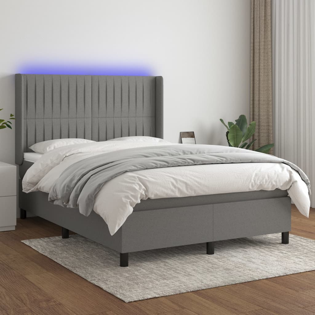 Κρεβάτι Boxspring με Στρώμα & LED Σκ.Γκρι 140x190εκ. Υφασμάτινο