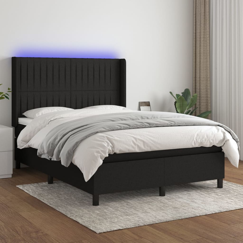 Κρεβάτι Boxspring με Στρώμα & LED Μαύρο 140x190 εκ. Υφασμάτινο