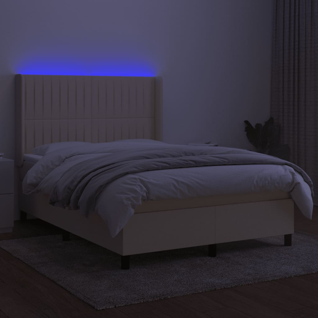 Κρεβάτι Boxspring με Στρώμα & LED Κρεμ 140x190 εκ. Υφασμάτινο - Pakobazaar