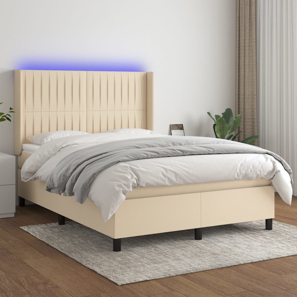 Κρεβάτι Boxspring με Στρώμα & LED Κρεμ 140x190 εκ. Υφασμάτινο - Pakobazaar