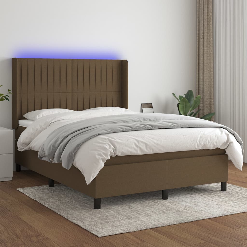 Κρεβάτι Boxspring με Στρώμα & LED Σκ.Καφέ 140x200 εκ Υφασμάτινο