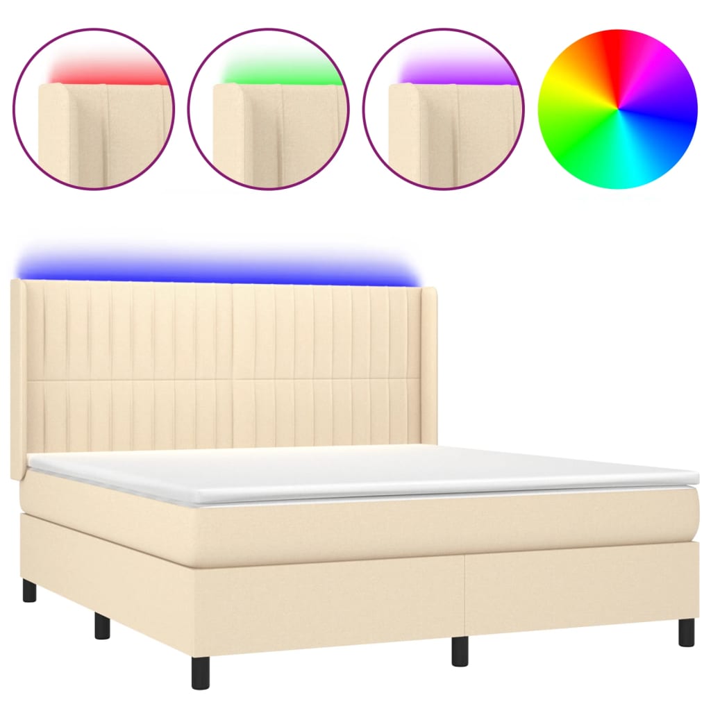 Κρεβάτι Boxspring με Στρώμα & LED Κρεμ 180x200 εκ. Υφασμάτινο - Pakobazaar