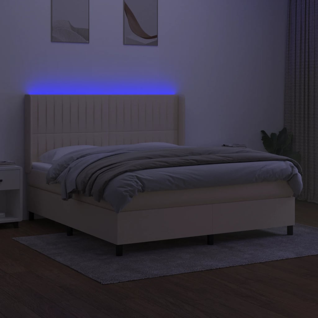 Κρεβάτι Boxspring με Στρώμα & LED Κρεμ 180x200 εκ. Υφασμάτινο - Pakobazaar