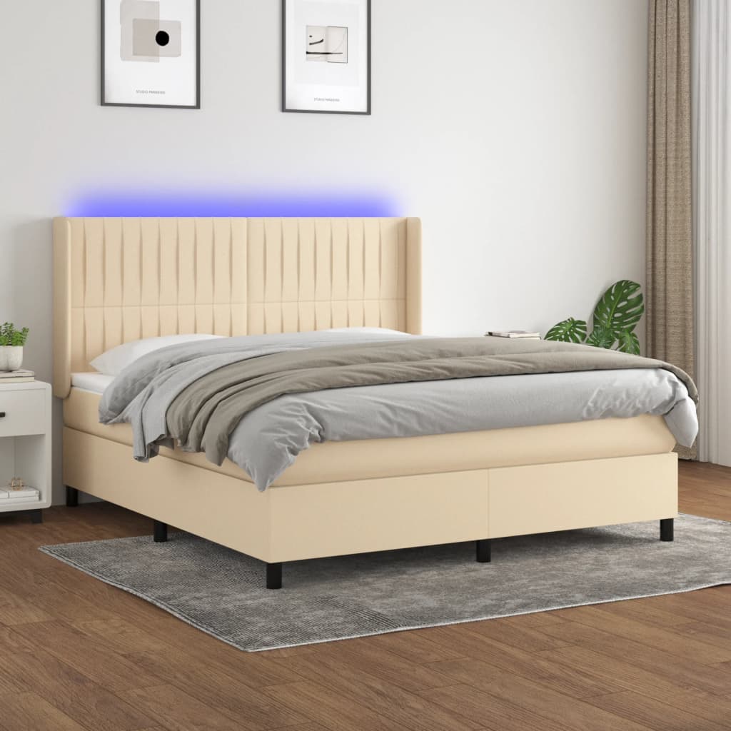 Κρεβάτι Boxspring με Στρώμα & LED Κρεμ 180x200 εκ. Υφασμάτινο - Pakobazaar