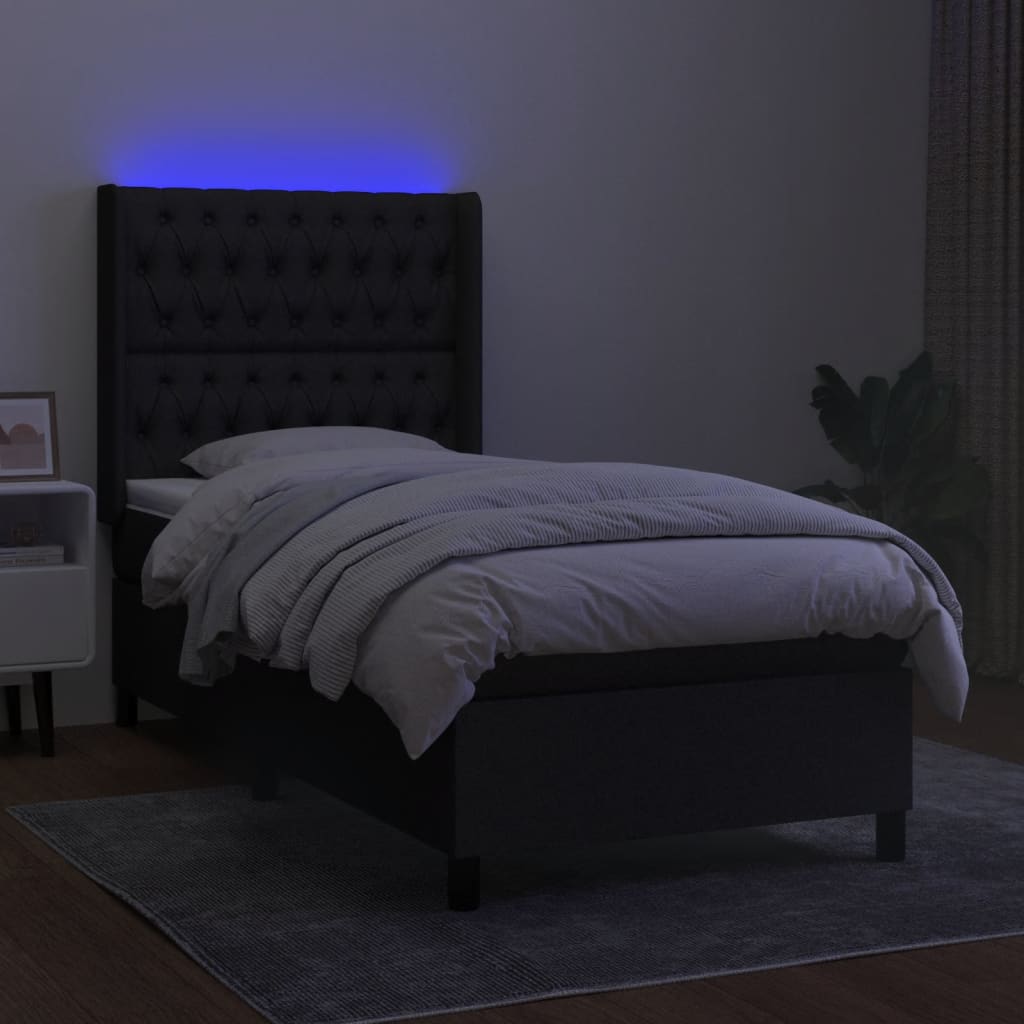 Κρεβάτι Boxspring με Στρώμα & LED Μαύρο 90x190 εκ. Υφασμάτινο - Pakobazaar