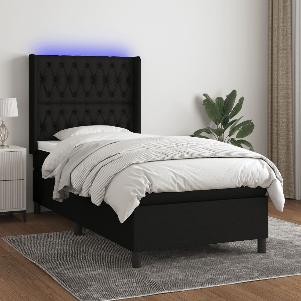 Κρεβάτι Boxspring με Στρώμα & LED Μαύρο 90x190 εκ. Υφασμάτινο - Pakobazaar