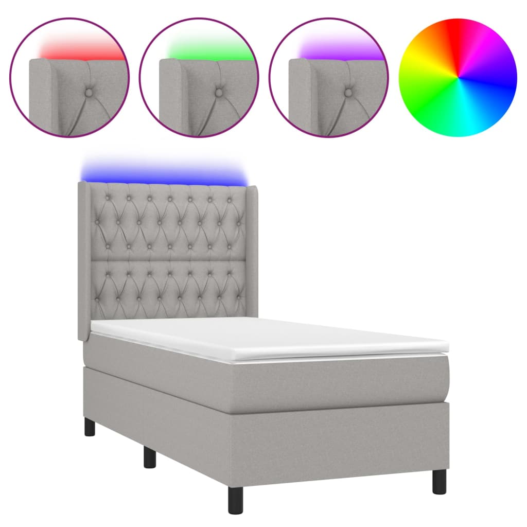 Κρεβάτι Boxspring με Στρώμα & LED Αν.Γκρι 90x200 εκ. Υφασμάτινο - Pakobazaar