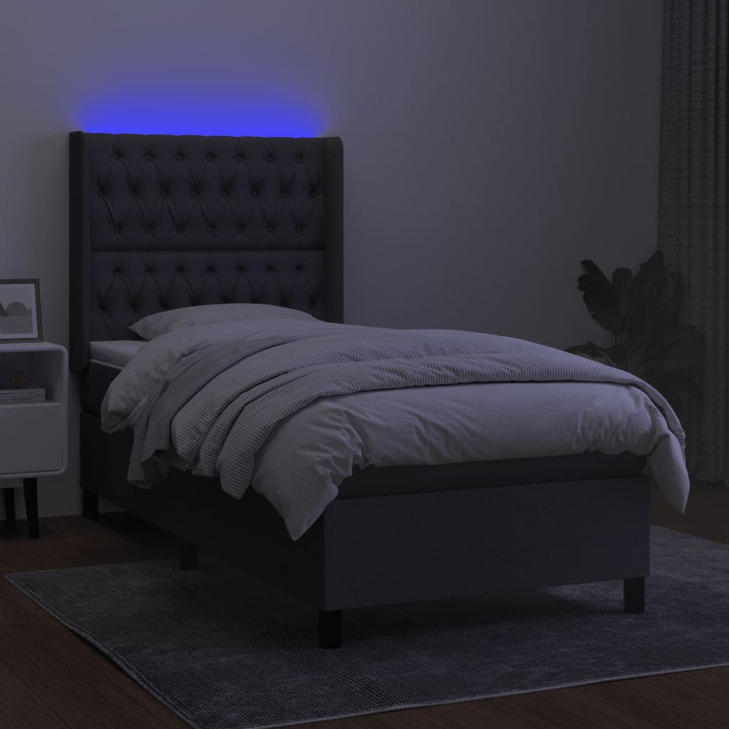 Κρεβάτι Boxspring με Στρώμα & LED Σκ.Γκρι 90x200 εκ. Υφασμάτινο